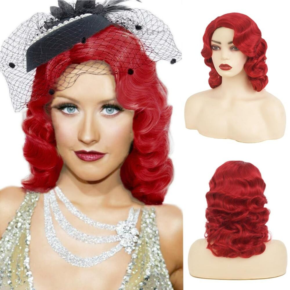 Red Finger Wave Wig Women 1920s Long Side Part Synthetic Vintage Cosplay Costume